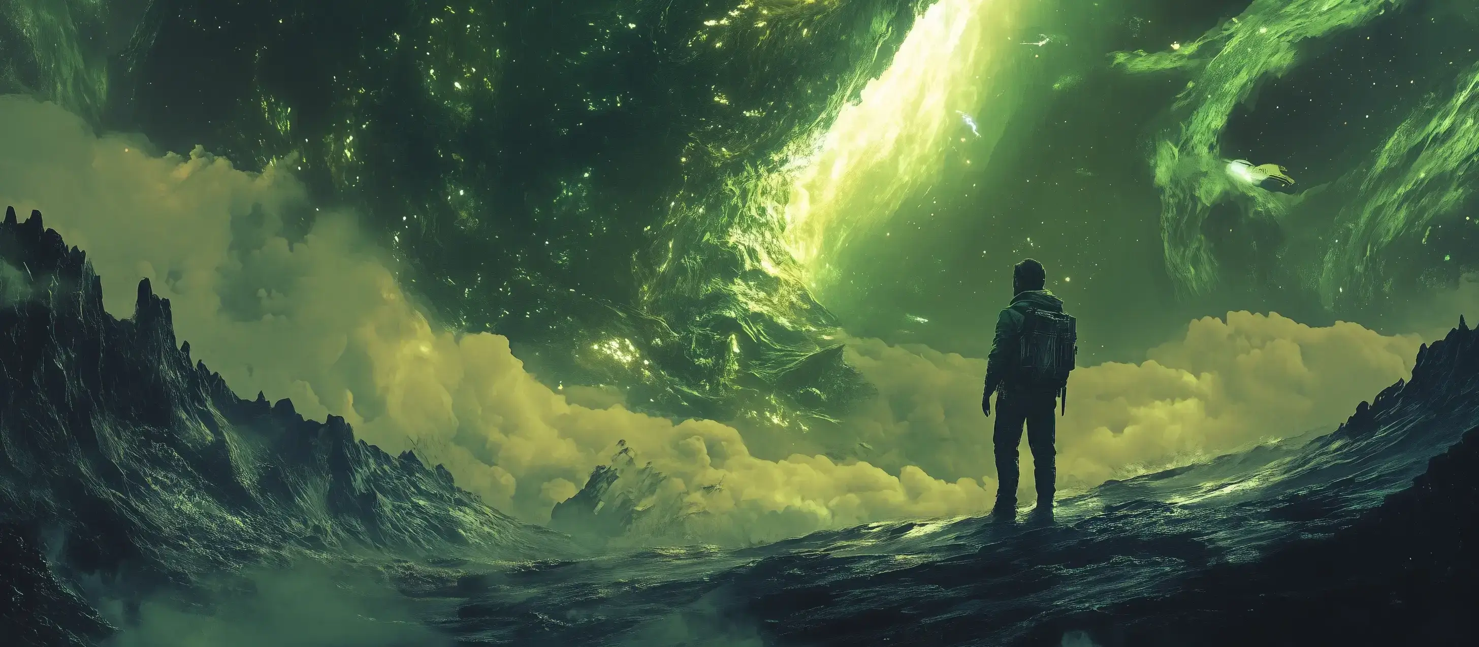Science fiction cover art of a man staring at a green galaxy floating above