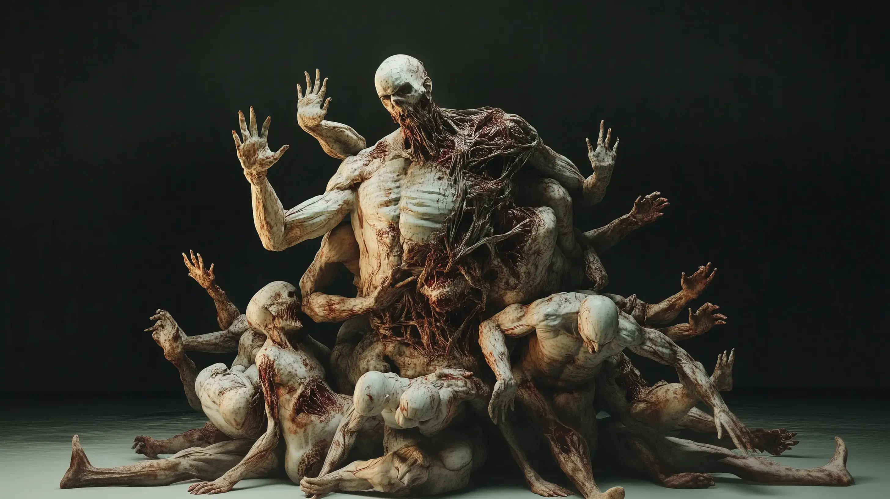 Image of an art installation of a body created from other bodies