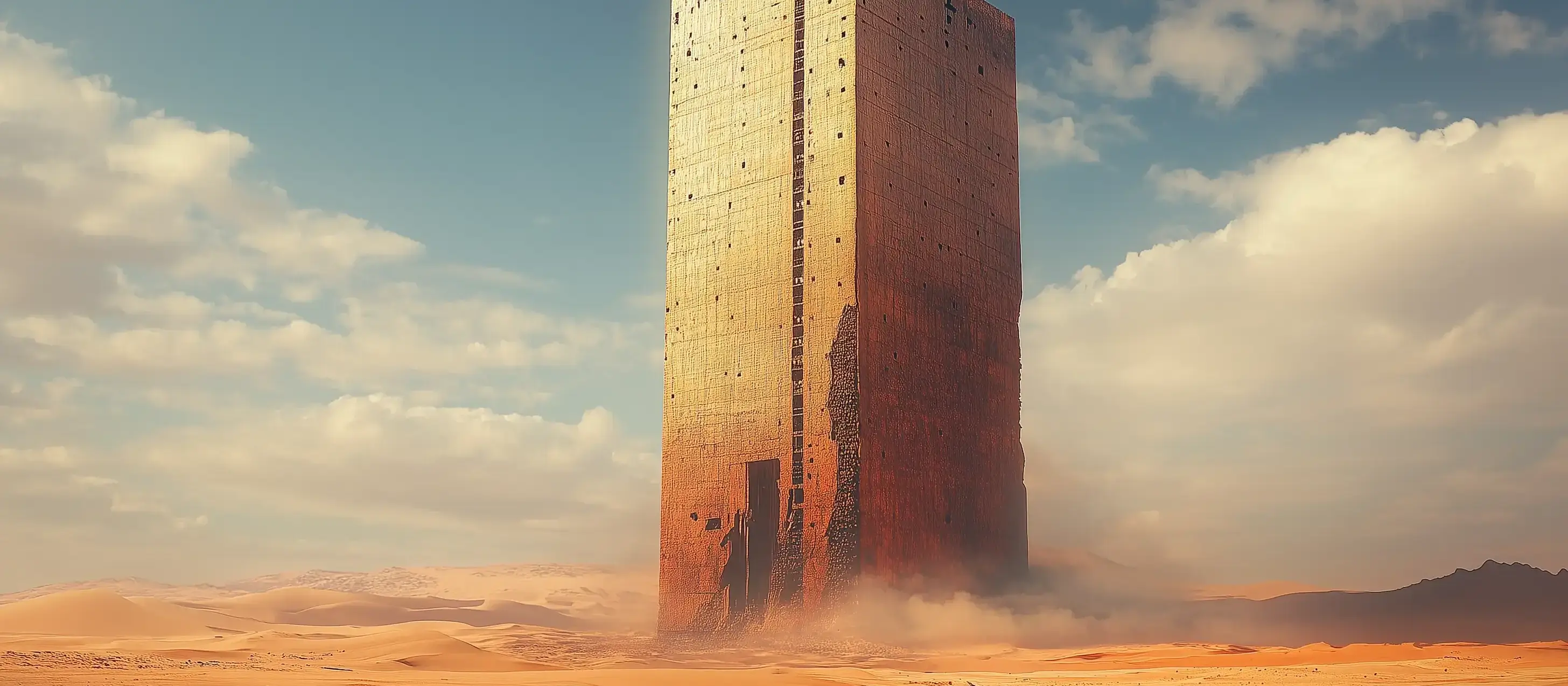 Image of an old skyscraper staring across a desert