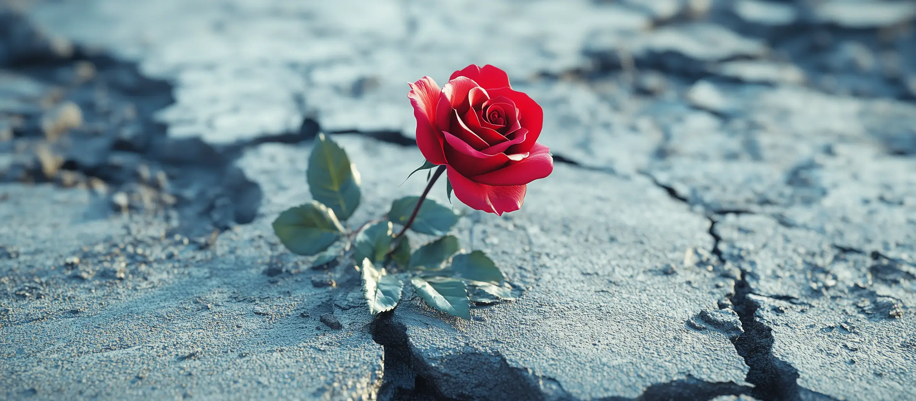 A single rose birthed out of shattered concrete