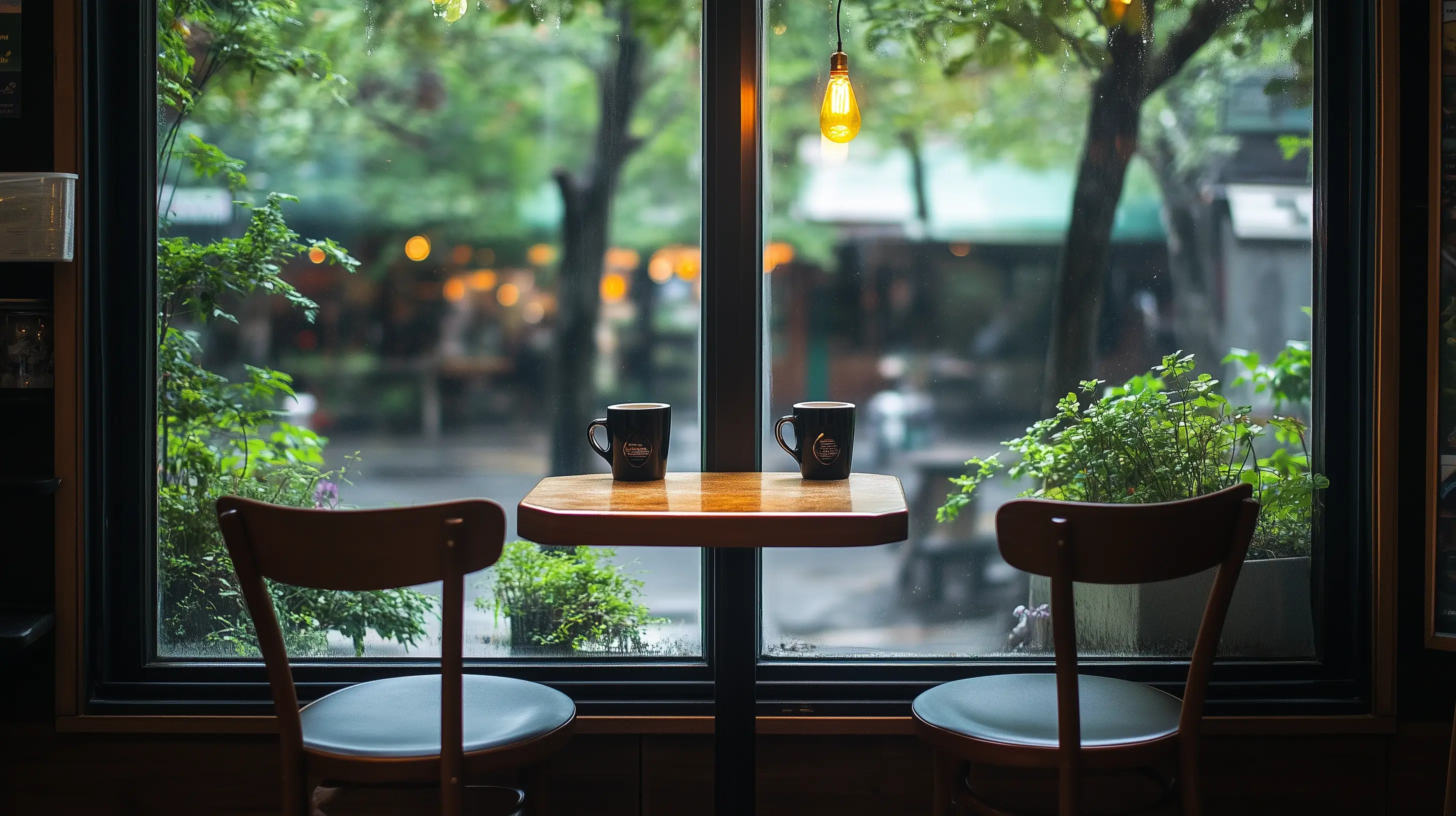 Image of two chairs in front of a picture window in a coffee house