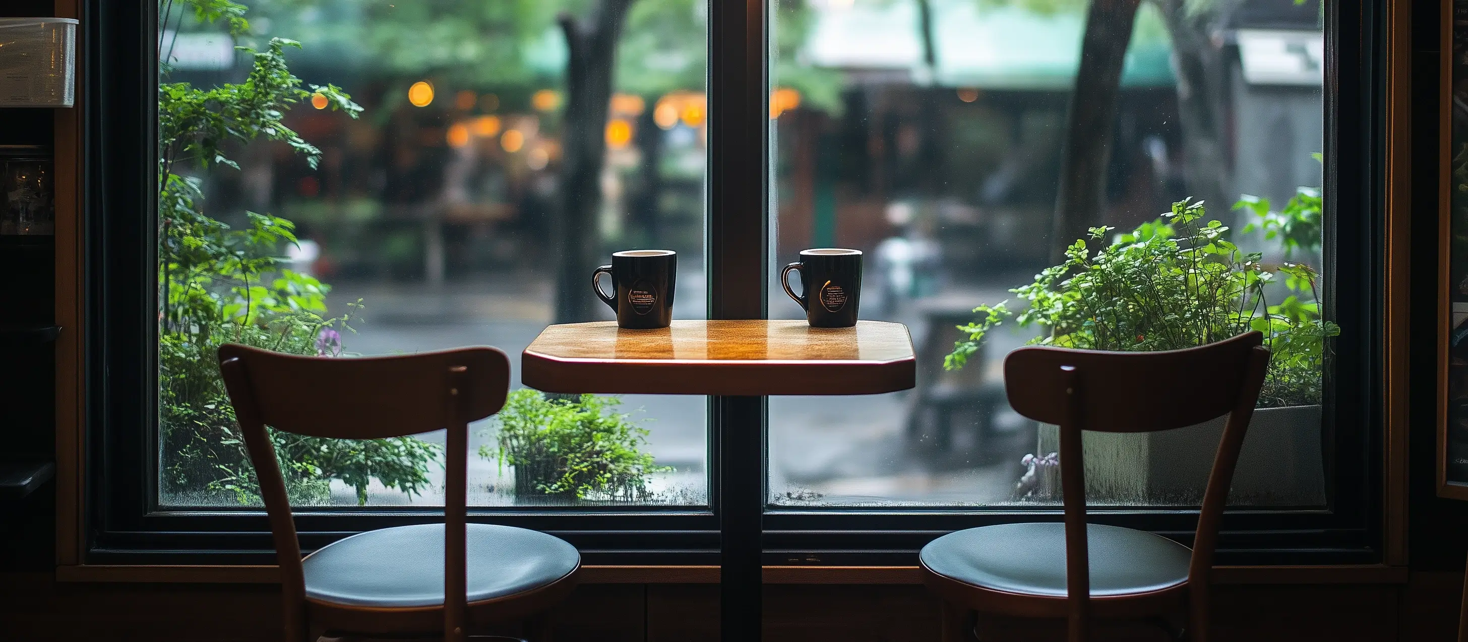 Image of two chairs in front of a picture window in a coffee house